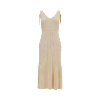 Elisabetta Franchi Lange Geribbelde Open Gebreide Jurk - Dames - Casual kleedjes - Beige - L - Kleedjes