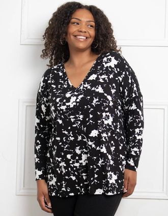 Live Unlimited London Womens Mono Floral Jersey Longsleeve Top - Black/Multi - Size: 14