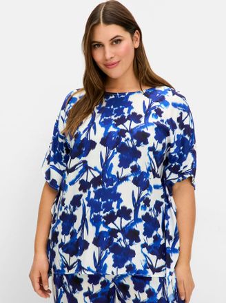 Sheego Longbluse SHEEGO, Damen, Gr. 40, kobalt, gemustert, 100% Viskose, gebl&uuml;mt, gemustert, Rundhals, Blusen Longbluse