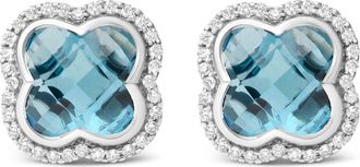 House of Brilliance 18K White Gold 3/8 Cttw Diamond and 11x11mm Clover-Cut London Blue Topaz Gemstone Halo Clover Stud Earrings
