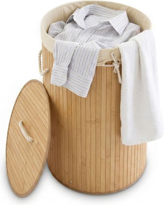 Relaxdays 2 Cestos Ropa Sucia Con Tapa, Redondo, Cubo Colada, Canasta Plegable, Bamb&uacute;, 70 L, &Oslash; 41 Cm, Marr&oacute;n Natural