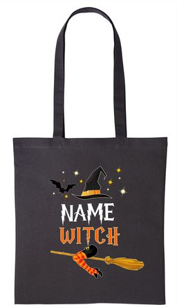 Generic Personalised Your Name Witch Halloween Shopper Bag, Cotton Long Handle Carry Shoulder Shopping Canvas Tote Bag (BLACK)