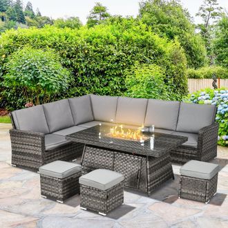 OUTSUNNY 7 Pieces Rattan Garden Furniture Set w/ 50, 000 BTU Fire Pit Table in Mid Grey