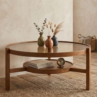 Dmora Mesa De Centro Olzai, Un Compartimento, Tapa De Vidrio Templado, Forma Redonda, 100x100x48h Cm Marr&oacute;n Nogal