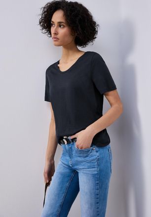 Street One T-Shirt STREET ONE Style Gerda, Damen, Gr. 34, shadowed navy, Jersey, Obermaterial: 50% Baumwolle, 50% Modal, unifarben, regular fit normal, V-Ausschn