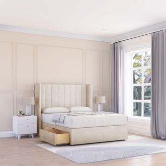 Sloomy Falcon Plush Wingback Bed Set, 2 Drawers & 54 Floor Standing Headboard in Cream | Size: Double