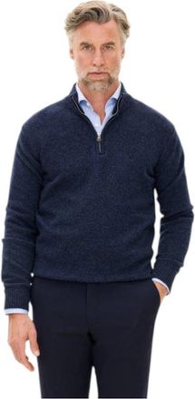 Oscar Jacobson Knit Half Zip - Heren - V-hals truien - Blauw - M - Wol - Truien & Vesten