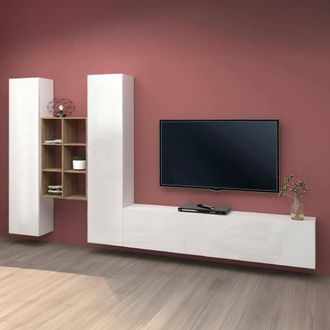 Dmora Pared Equipada Dcola, Conjunto De Sal&oacute;n Mueble De Tv Con 3 Puertas, Mueble De Sal&oacute;n Polivalente, 100% Made In Italy, Cm 320x30h180, Blanco Brillo Y Ar
