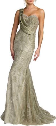 Mac Duggal Draped One Shoulder Embellished Mermaid Gown in Sage at Nordstrom, Size 4