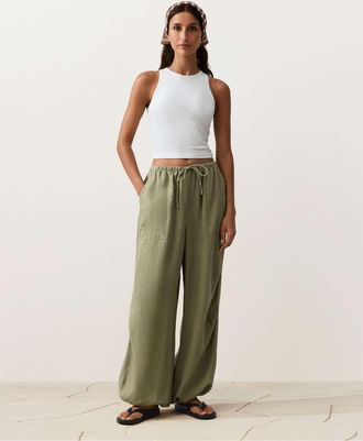 Oysho Pantaloni cargo a palloncino in 100% lino verde