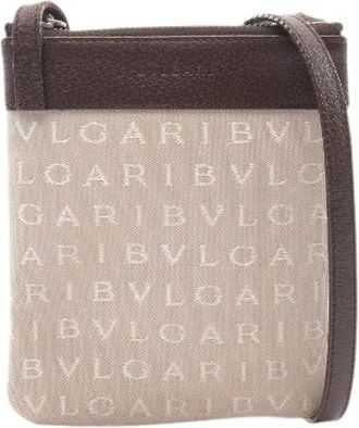 Bulgari Pre-owned Logo Mania Canvas Leather Shoulder Bag - Dames - Vintage Schoudertas - Beige - ONE Size - Leer - Vintage