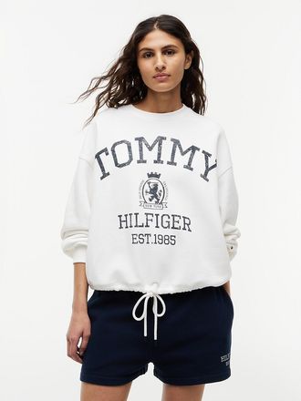 Tommy Hilfiger Womens Drawcord Varsity Crest Logo Sweatshirt - Ecru - XS