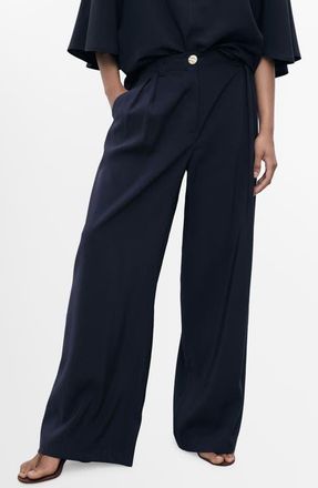 Mango Pleated Straight Leg Ankle Pants in Navy at Nordstrom, Size Large