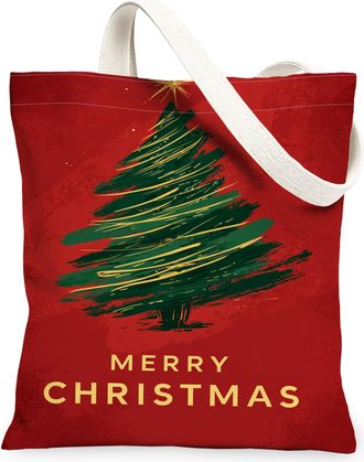 Generic Christmas Tree Canvas Tote Bags, Holiday Design Reusable Grocery Bags, Winter Eco-Friendly Lightweight Washable Shoulder St, Red, 13x15 Inch