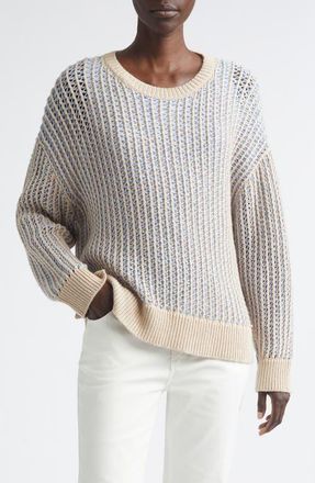Lafayette 148 New York Open Stitch Cashmere & Silk Crewneck Sweater in Blue Oasis Multi at Nordstrom, Size Medium