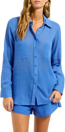 Seafolly Breeze Beach Button-Up Cotton Gauze Cover-Up Shirt in Sapphire at Nordstrom, Size X-Large