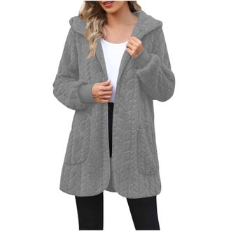 Generic Womens Fleece Jacket Fall Winter Casual Hooded Jackets Fuzzy Sherpa Open Front Cardigans Mid Length Warm Long Sleeve Coats Solid Color Teddy Outerwear