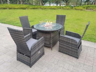Fimous Rattan Outdoor Garden Furniture Gas Fire Pit Dining Table Gas Heater Burner Table & Chair Sets 4 Seater in Dark Grey