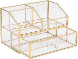 No Brand Organizador De Cosm&eacute;ticos Con Caj&oacute;n - Tocador De Maquillaje Vintage Dorado - Caja De Almacenamiento De Metal Y Cristal