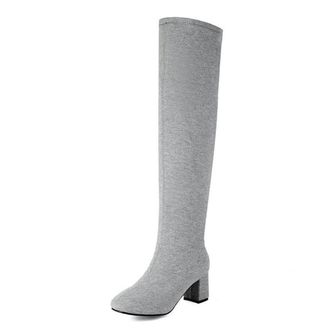 Generic Womens Fashion Stretch Knitted Over The Knee Boots Round Toe Block Heel Pull On Winter Dress Shoes (7.5,Grey)