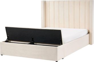 Beliani EU Double Size Bed Off White Velvet 4ft6 Slatted Base High Headrest with Storage Bench NOYERS