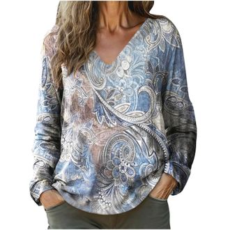 Generic Ladies Summer Tops Womens Long Sleeve Tops Casual Plus Size V Neck Shirts Fashion Vitange Floral Printed Boho Shirt Dressy Loose Spring Summer Loungew