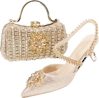 Generic Womens Shoes and Bag Set Sparkly Rhinestone Flower Evening Handbag Shiny Elegant Bridal Heeled Shoes