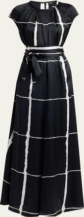 Kiton Windowpane-Print Silk Cap-Sleeve Maxi Dress