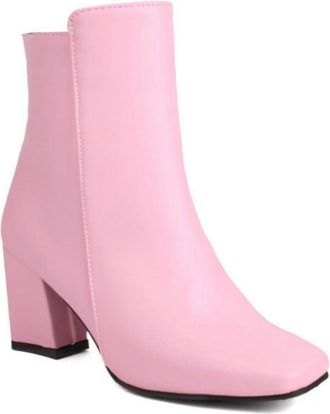 Generic Womens Chunky Heel Office Style Ankle Boots Square Toe Casual Short Booties,Pink,6.5 UK