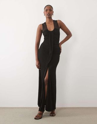 Tfnc Plus - Vestito lungo sinuoso senza maniche nero con scollo a V e arricciatura sul davanti