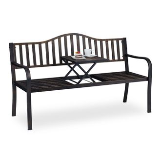 Relaxdays Relaxdays Banco Jard&iacute;n Con Mesa Plegable, 3 Plazas, Estable, Decoraci&oacute;n Jard&iacute;n Exterior, 89x150x58,5 Cm, Negro Y Bronce