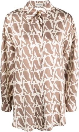 &Aacute;eron Multicolor Zijden Print Lange Mouw Shirt - Dames - Overhemden - Bruin - L - Overhemden