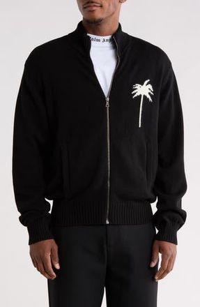 Palm Angels Palm Tree Cotton & Wool Zip Cardigan in Black White at Nordstrom Rack, Size Xx-Small