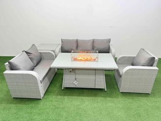 Fimous Patio PE Wicker 6 Seater Outdoor Rattan Furniture Sofa Sets w/ Firepit Dining Table Reclining Chair Loveseat Sofa 3 Seater Sofa Side Table