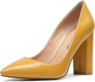 Castamere Womens Block Heels Pointed Toe Slip-On Court Shoes 4IN Heeled PU Yellow Pumps UK 9.5