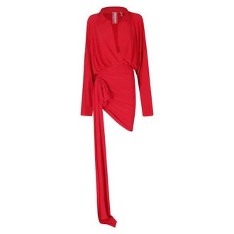 Norma Kamali Oversized overhemdjurk met zijwaartse drapage en strik - Dames - Jurken - Rood - Maat: S Poliester