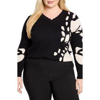 Nic+Zoe Evening Petal Scallop V-Neck Sweater in Black Multi at Nordstrom Rack, Size 2X