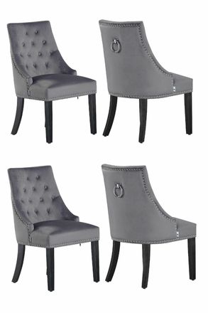 Life Interiors Set of 4 Windsor Knocker Back Velvet Dining Chairs Solid Wood Legs in Dark Grey