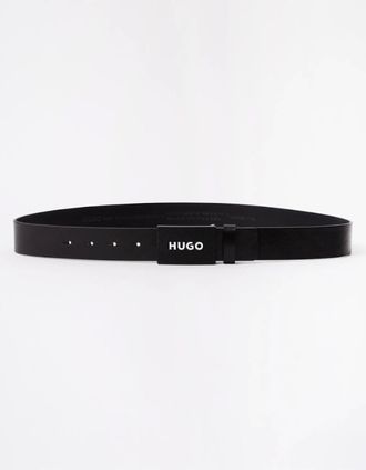 HUGO BOSS Mens HUGO Gilao Mens Matte Leather Belt with Branded Plaque Buckle - Black 001 - Size: W34