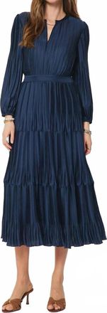 Current Air Pleated Long Sleeve Maxi Dress In Navy