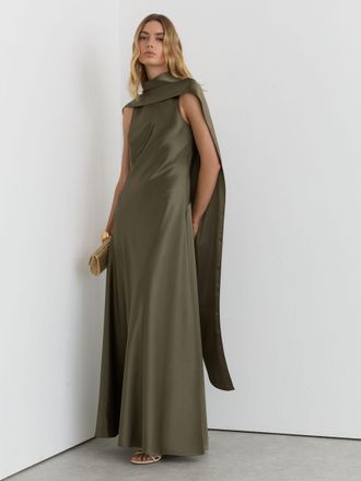 Reiss Khaki Green Petite Satin Cape Maxi Dress, 12