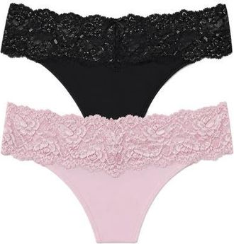 Skarlett Blue Goddess Lace Trim Thong 2-Pack in Black/lt Pink at Nordstrom, Size Xx-Large