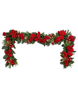 Creative Displays Inc. Handcrafted 9Ft Holiday Garland With Roses, Ornaments & Bows