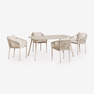 Sklum Set De Mesa Rectangular 160x90 Cm Y 4 Sillas De Comedor En Cuerda Trenzada Arhiza Classic Sklum