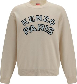 Kenzo Mens Crewneck Sweater Emblem Off White Merino Wool