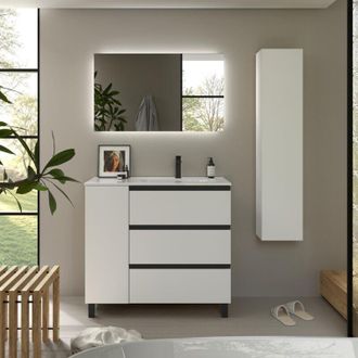 Cygnus Bath Mueble De Ba&ntilde;o Bequia Plus Metal 3c 90cm Blanco Mate Lavabo Porcelana Grifo Derecha
