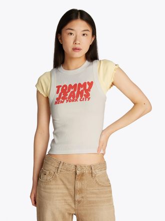 Tommy Jeans Tanktop TOMMY JEANS TJW SLIM SH TJ BUBBLE TANK, Damen, Gr. XL (42), beige (ecru), Rippware, Obermaterial: 95% Baumwolle, 5% Elasthan, unifarben, figur