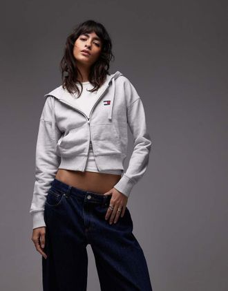 Tommy Jeans Felpa squadrata con cappuccio e chiusura con zip grigia-Grigio