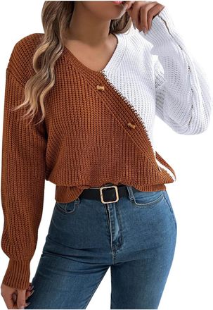 Generic Ladies Jumpers Size 16 Chunky Knit Womens Tops Size 14 Uk Button Winter Sweaters For Women Uk Color Block Pullovers For Women Winter Autumn Womens Swe