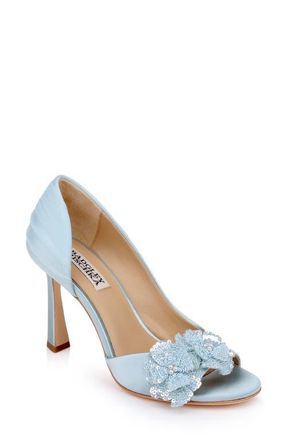 Badgley Mischka Yana Sequin Flower Sandal in Mist Blue Satin at Nordstrom, Size 7.5